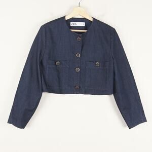 Zara Buttoned Cropped Denim Blue Blazer Womens Sz M